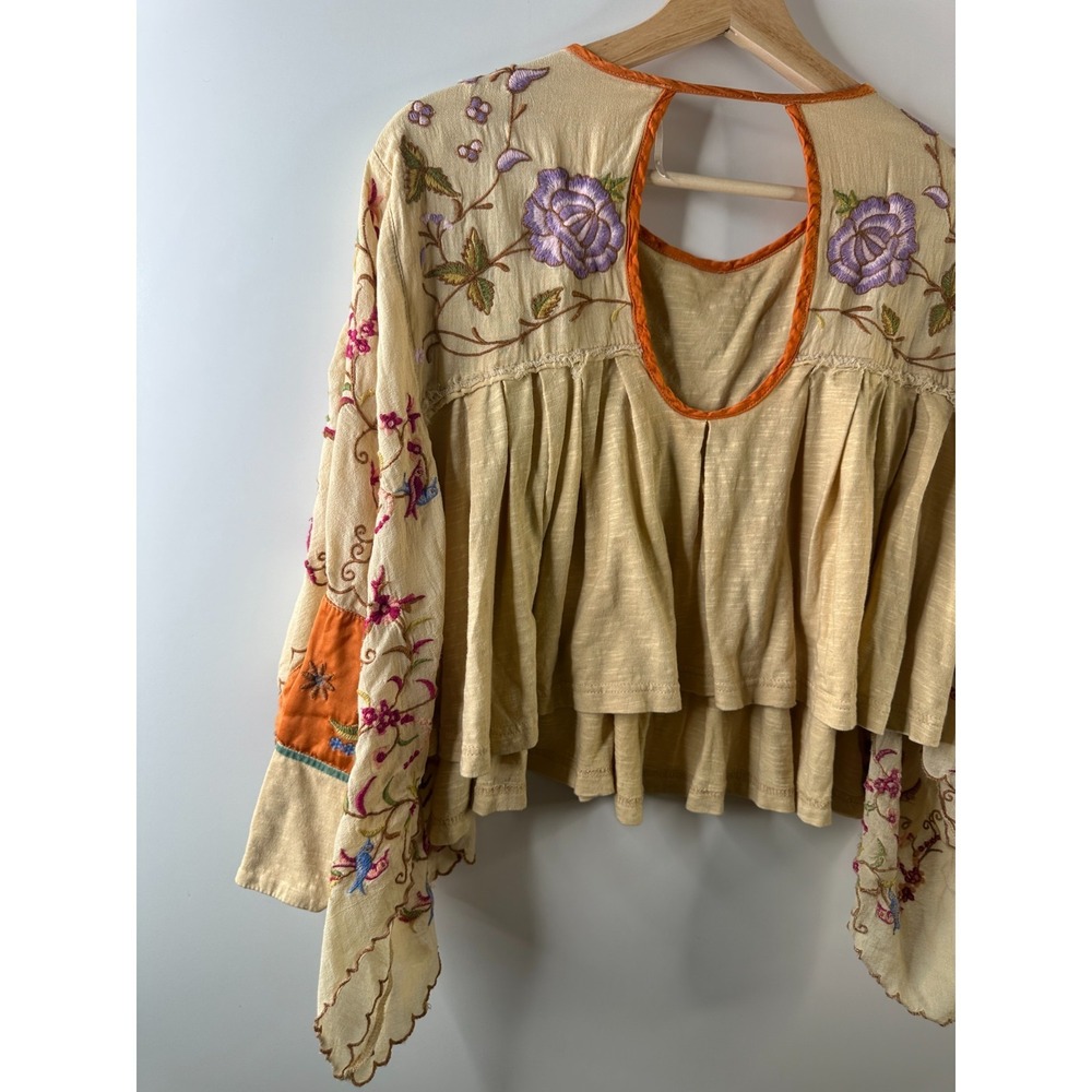 Free People Waiting On A Sunny Day Top Embroidered Birds Oversized XS Boho Gypsy - Picture 10 of 13